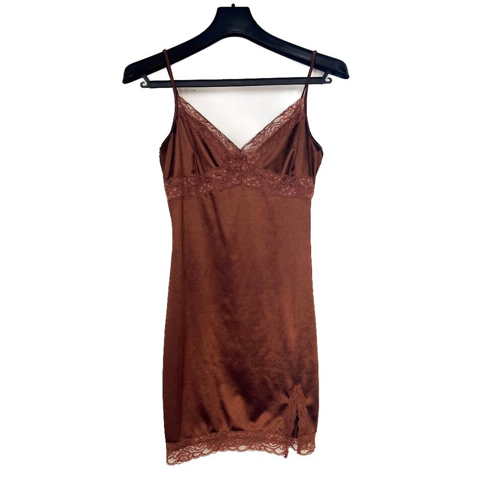 Y2K Vintage Style Lace Slip Dress Boho Fairy Grunge Chocolate Brown Mini
